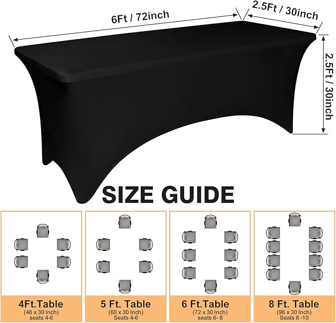 2 Pack 6 Feet Black Spandex Tablecloth for Rectangular Tables, Fitted & Stretch, Washable, Wrinkle Resistant, Perfect for Event, Wedding, Party, Banquet, Cocktail, Festival, and Table Protector