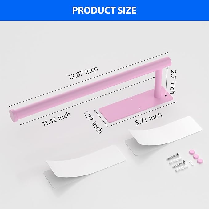 Paper Towel Holder Under Cabinet, Self-Adhesive,No Drilling, Stainless Steel, Wall-Mounted for Kitchen and Bathroom, Easy Install, Durable, Space-Saving, Ideal for Home, RV (Pink, 2 Pack)