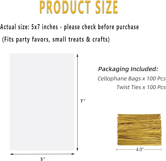 SUREHOME Cellophane Treat Bags 5x7 In 100 Pcs Individual Cookie Bags Small Plastic Clear Gift Bag with Ties for Gift Giving Birthday Party Favors Candy Snack Dessert Baked Goods Packaging