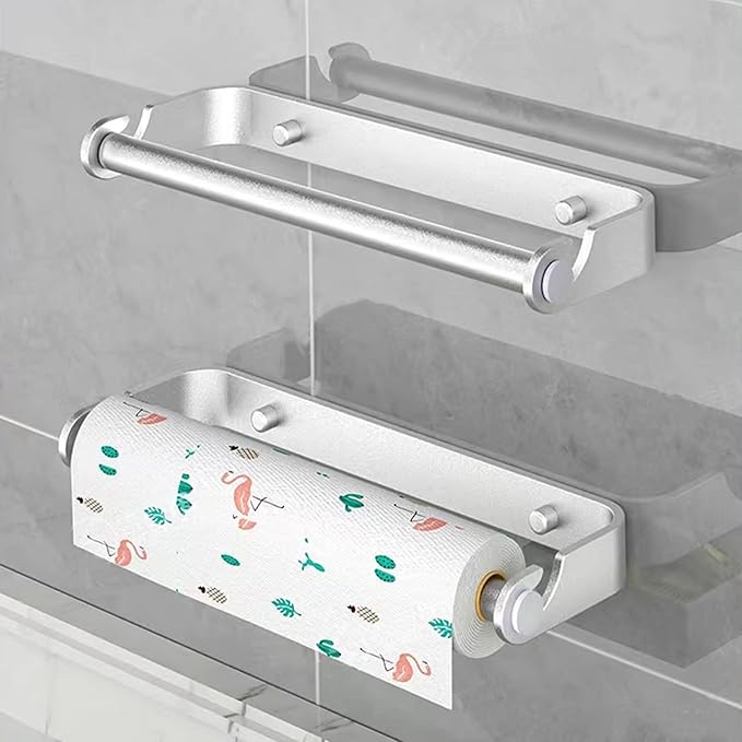 Aheucndg Paper Towel Holder Wall Mount, Self Adhesive or Drill Mounting Paper Roll Holder, Paper Towel Holder Under Cabinet for Kitchen or Bathroom (Silvery 1pack)
