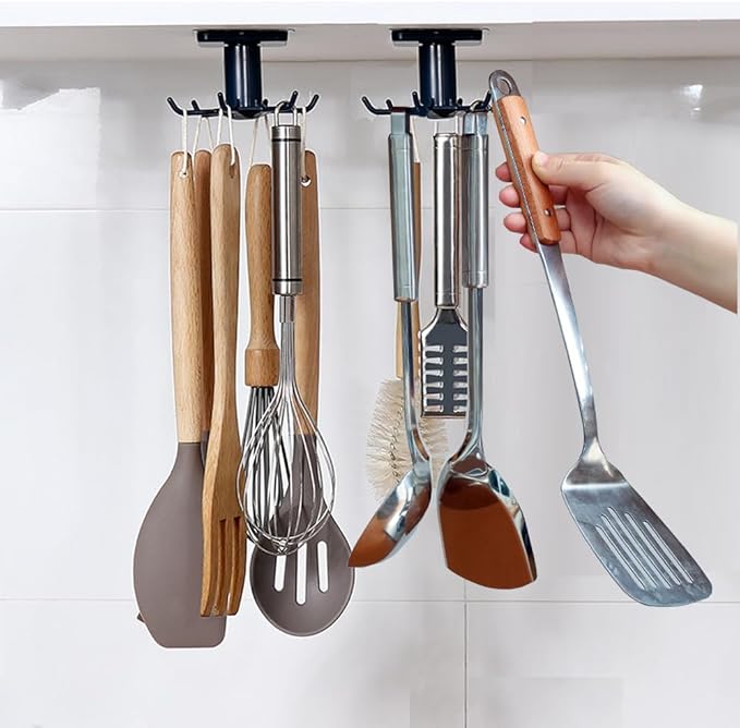 2pcs 360 °Rotation Utility Hooks,Under Cabinet Kitchen Hooks,Storage Shelf rv Must Haves,Nail Free Adhesive Kitchen Utensils Hanging Hooks for Kitchen Utensils/Tools/Towel/Knife(Black)