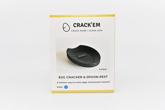 THE ORIGINAL Crack'em Egg Cracker & Spoon Rest (Blue 3-Pack) - Perfectly Cracks Eggs & Contains Messes - Easy to Use & Clean - Great for Kids - Prevents Broken Yolks