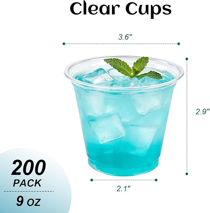 Lamosi 200 Pack 9 oz Clear Plastic Cups, Sturdy & Food Safe Disposable Cups for Cold or Iced Drinks, Dessert, Party or Wedding
