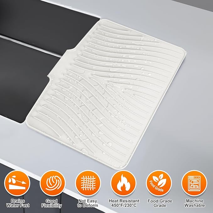 Silicone Dish Drying Mat for Kitchen Counter, Dish Drying Pad, Non-Slip Drain Pad with Built-in Drain, Heat Resistant Stone Drying Mat,Cream-1Set