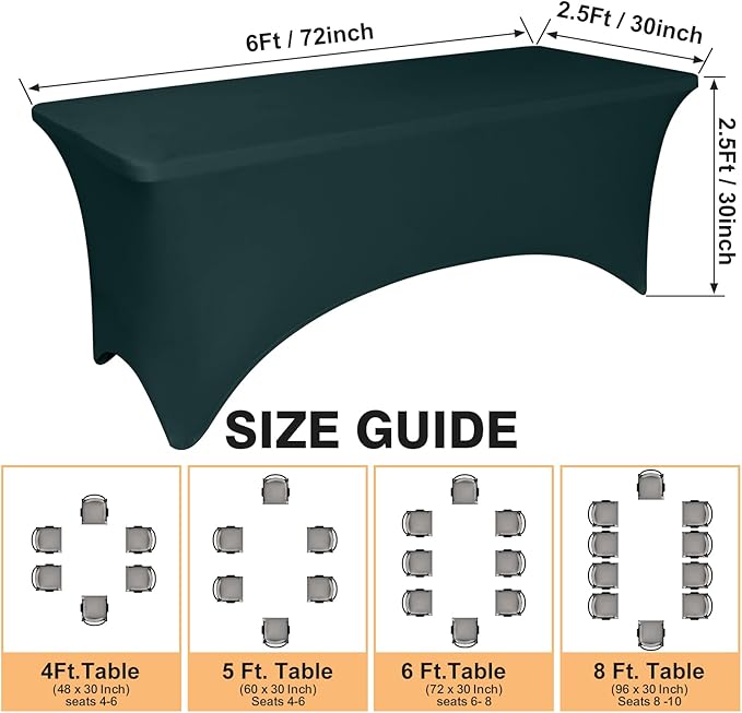 2 Pack 6 Feet Hunter Green Spandex Tablecloth for Tables, Fitted & Stretch, Washable, Wrinkle Resistant, Perfect for Event, Wedding, Party, Banquet, Cocktail, Festival, and Table Protector