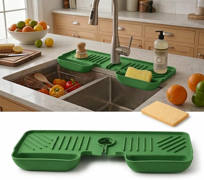 Silicone Kitchen Sink Splash Guard Faucet Mat with Deep Storage Trays,for Sponge Brush,Sloped Draining, Countertop Protector,For Tidy Homes,Renters,Bonus Sponge(5.1"W x 9.5"H)