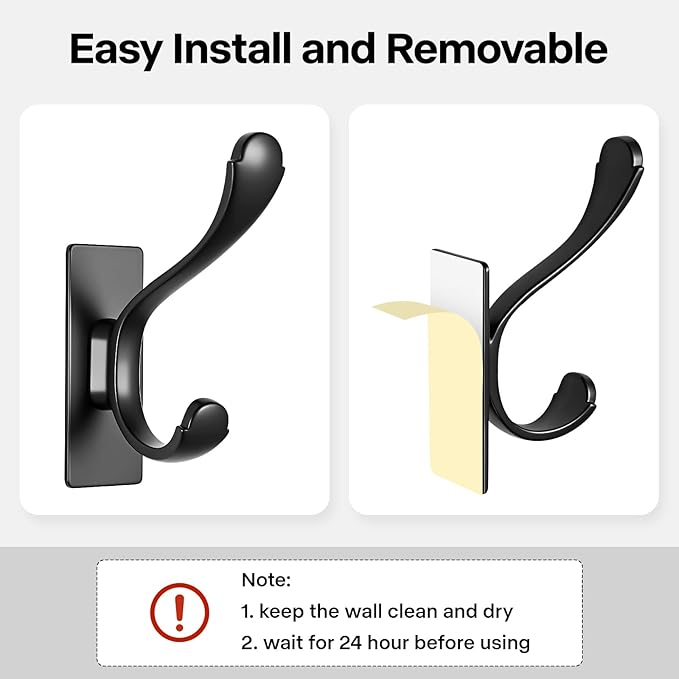 Adhesive Coat Hooks Coat Rack Wall Mount Heavy Duty Stainless Wall Hook for Towel Backpack Hat Sturdy Metal Hanger for Bathroom Bedroom Door 4 Pack Matt Black