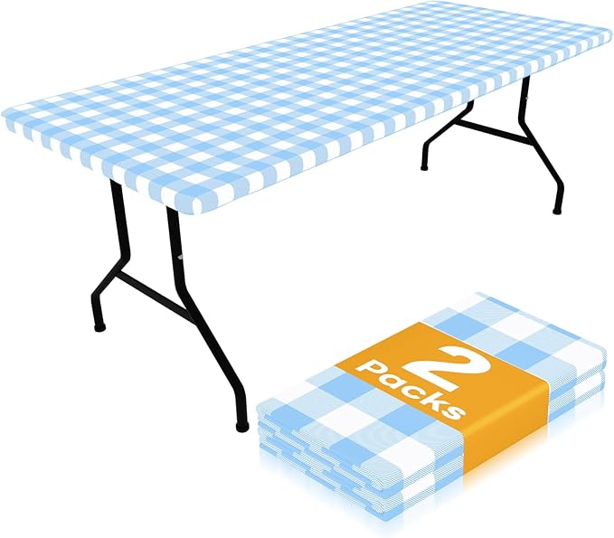 Smiry Picnic Table Cloth 2 Pack, Waterproof Elastic Fitted Tablecloths for 8FT Rectangle Tables, Washable Polyester Buffalo Plaid Tablecloth for Camping & Outdoor (Light Blue & White, 30" x 96")