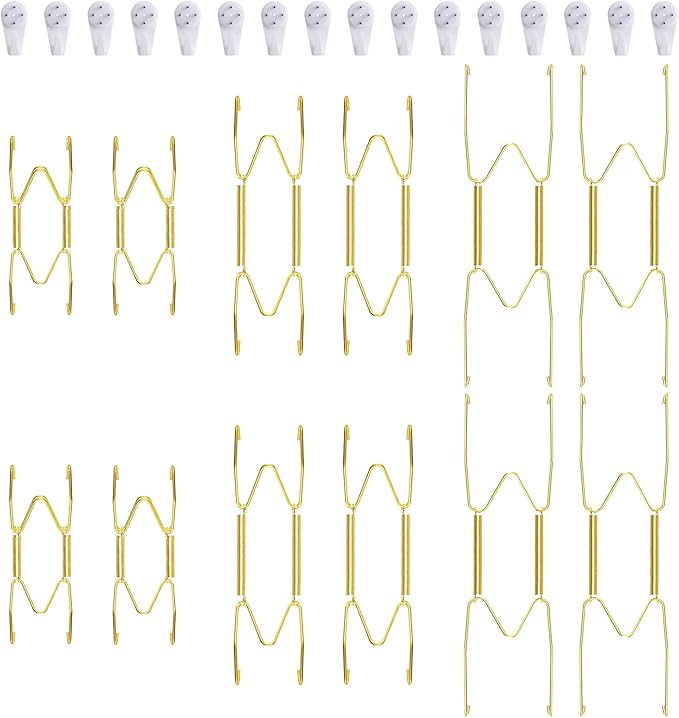 12 Piece Plate Hangers, 4/6/8 Inch Invisible Brass Wall Plate Hangers, Comes with 16 Piece Wall Hooks for Decorative Plates