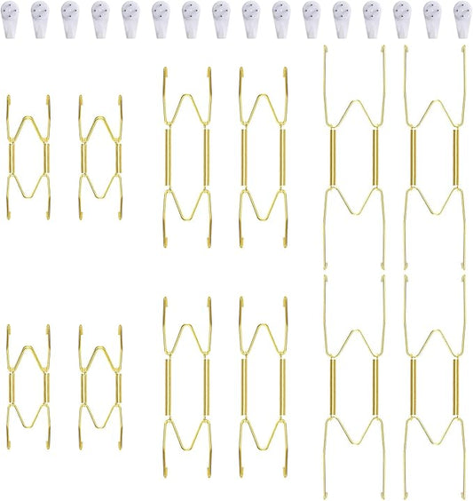 12 Piece Plate Hangers, 4/6/8 Inch Invisible Brass Wall Plate Hangers, Comes with 16 Piece Wall Hooks for Decorative Plates