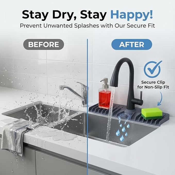 Premium Kitchen Sink Splash Guard – 18" x 5.7" Silicone Faucet Mat with Secure Pressure Clip, True 10° 3D Drainage(No Pooling), Anti-Lift Design, Flexible Leak-Sealing Ring, Non-Slip Fit Behind Faucet