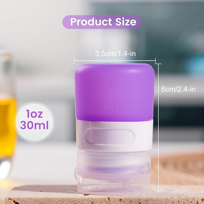 MICEBAY Condiment Squeeze Bottles for Sauces, 1-oz Mini Silicone Salad Dressing Container to Go with Snack Storage Bag, Leakproof Sauce Bottles for Lunch Box, 4 Pack, Purple