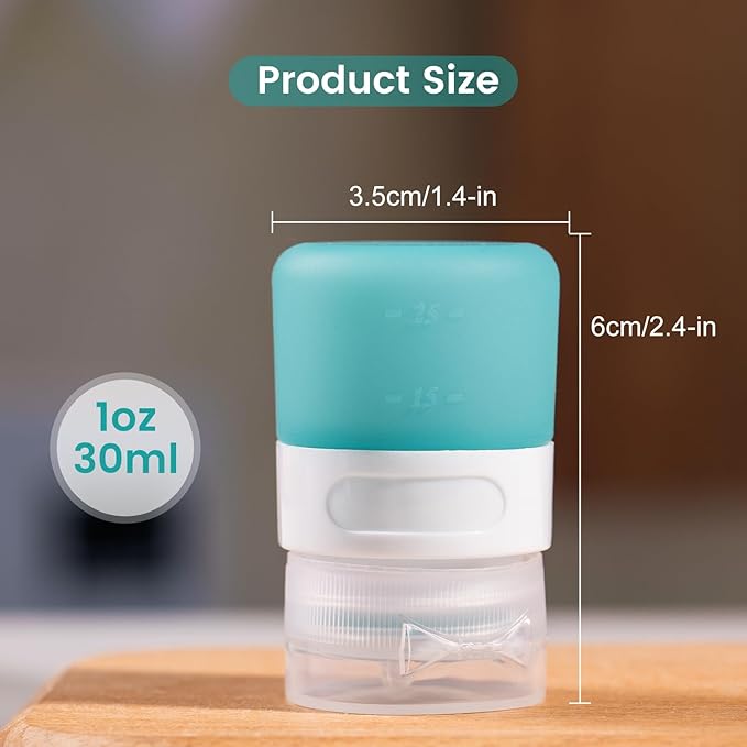 MICEBAY Condiment Squeeze Bottles for Sauces, 1-oz Mini Silicone Salad Dressing Container to Go with Snack Storage Bag, Leakproof Sauce Bottles for Lunch Box, 4 Pack, Mint