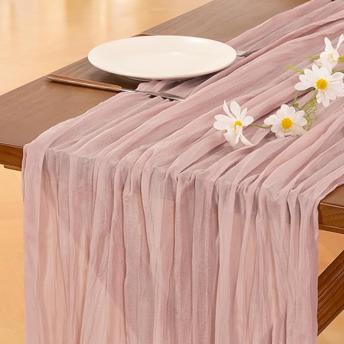 Socomi 2pcs Pink Cheesecloth Table Runner Summer Boho Rustic Gauze Dusty Pink Farmhouse 120 inch 10FT Cheese Cloth Sheer Runner for Wedding Party Baby Shower Birthday Home Decor