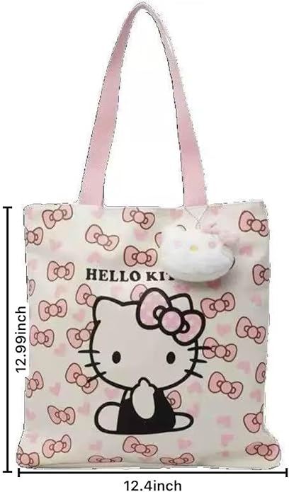 Cute Cartoon Kitty Tote Bag – Pink and White Kawaii Style Reusable Shoulder Bag – Adorable Lightweight Canvas Tote for Women