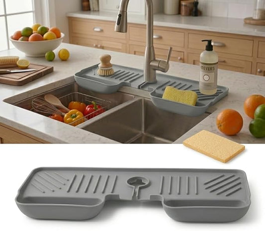 Silicone Kitchen Sink Splash Guard Faucet Mat with Deep Storage Trays,for Sponge Brush,Sloped Draining, Countertop Protector,For Tidy Homes,Renters,Bonus Sponge