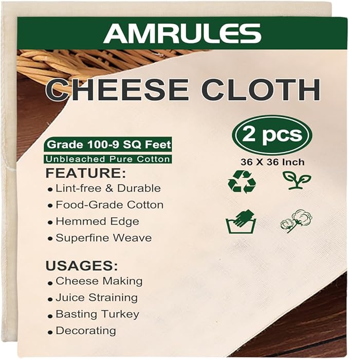Amrules Cheese Cloths for Straining, 2PCS 36x36 Inch Grade 100 Cheese Cloth, Reusable Washable Unbleached Pure Cotton Cheesecloth for Cooking and Cheese Making with Hemmed Edge