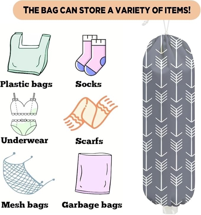 2 Pcs Gray Geometric Lines Plastic Bag Holder, Wall Mount Grocery Bag Holder for Plastic Bags, Abstract Art Arrow Reusable Organizer Grocery Bags with Drawstring, Minimalist Gifts for Women Mom