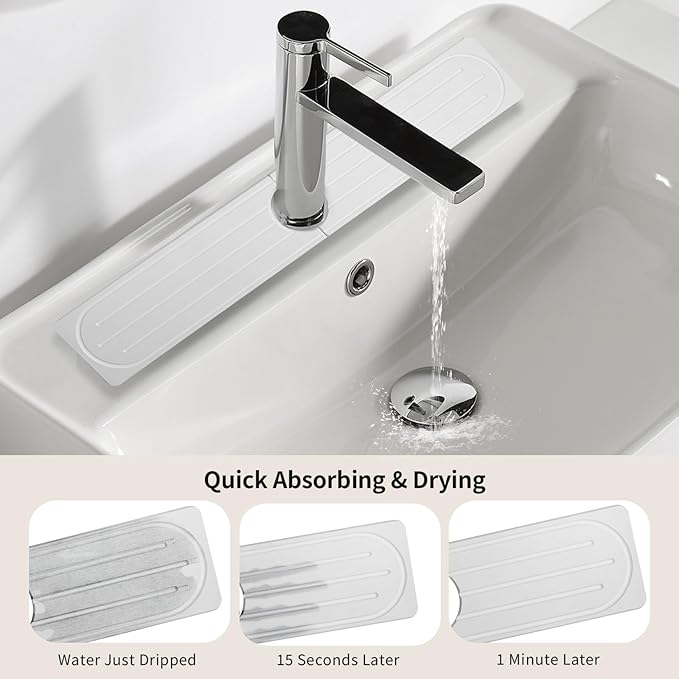 Stone Faucet Mat for Kitchen Sink, Diatomite Fast Drying Absorb Moisture Tray, Prevents Water Buildup, Durable Anti-slip Splash Guard Sink Protector (White, 23.7"x4")