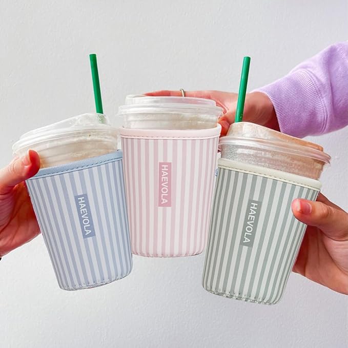 Reusable Insulated Neoprene Iced Coffee Cup Sleeve, Durable Drink Sleeve for Cold Beverages, Beverage Holder for Iced Coffee, Blue Stripes
