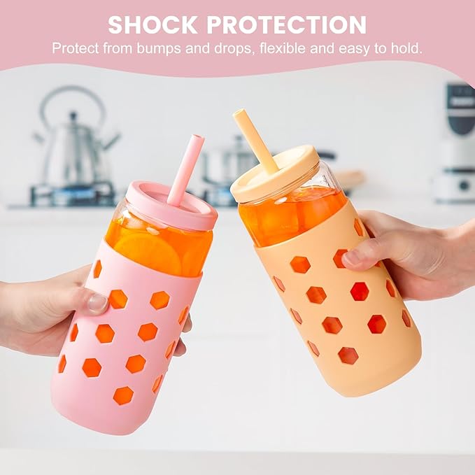 Mrsdry 20 oz Glass Cups With Lids and Straws, 4-Pack Iced Coffee Cup - Smoothie Cup With Silicone Lid and Sleeve for Coffee Bar Accessory, Cute Drinking Glasses Set Reusable Glass Tumbler for Gifts