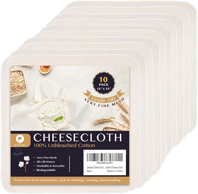 Precut Cheesecloth, 15 x 15'' 10 Pack, Grade 100, Ultra Fine Cheese Cloth for Straining & Cooking, 100% Unbleached Cotton Muslin Cloth for Making Cheese
