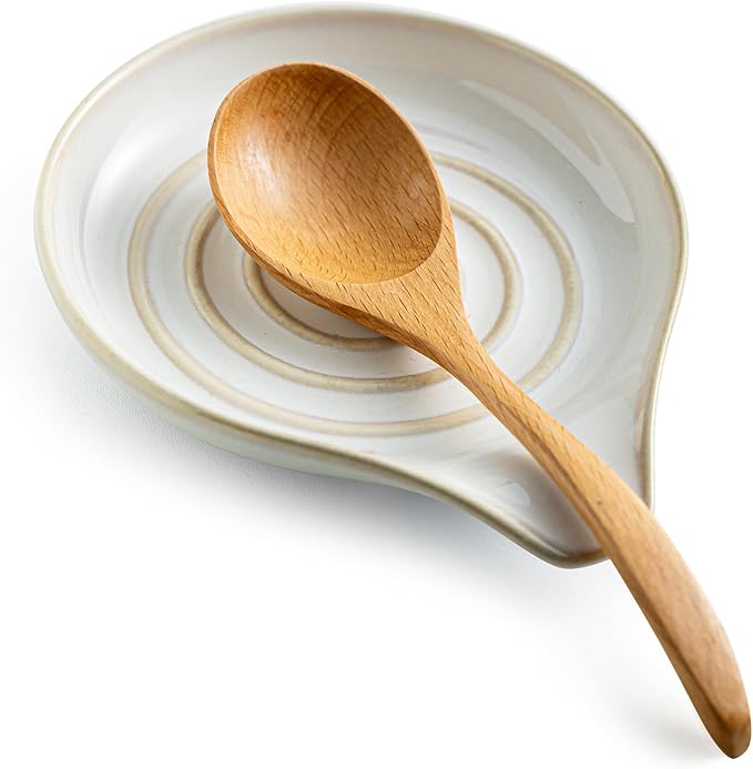 LAUCHUH Spoon Rest for Stove Top, Ceramic Spoon Holder for Kitchen Counter Large Spatula Rest Coffee Spoon Holder Cooking Utensil Rest Modern Farmhouse Kitchen Décor for Valentine's Day, Cream, 5 Inch