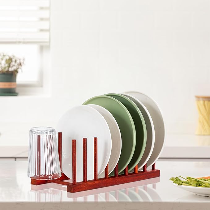 HBlife Padauk Wooden Dish Drying Rack - Home and Kitchen Organizer for Cups, Bowls, Pots, Lids, Cutting Boards & Plates Space-Saving for Cabinets Counters (8 Slots)