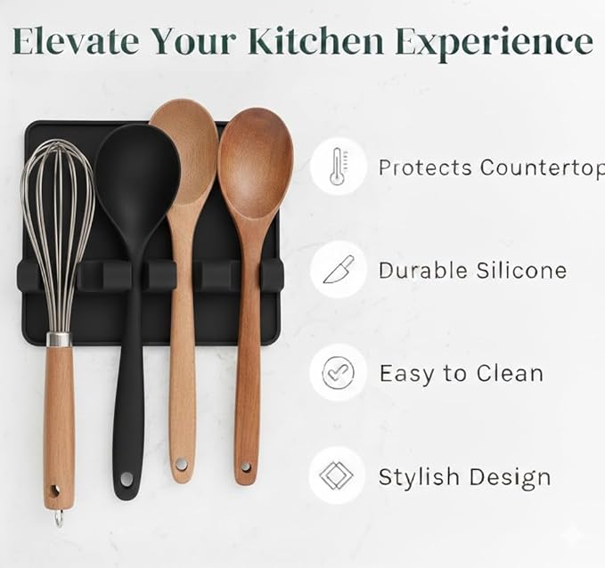 Silicone Spoon Rest for Stove Top – Silicone Utensil Holder with Large Drip Tray, Heat Resistant, BPA Free Food-Grade Silicone, Non-Slip Base, Dishwasher Safe,4-Slot Design, Includes 2 Sponges (Black)