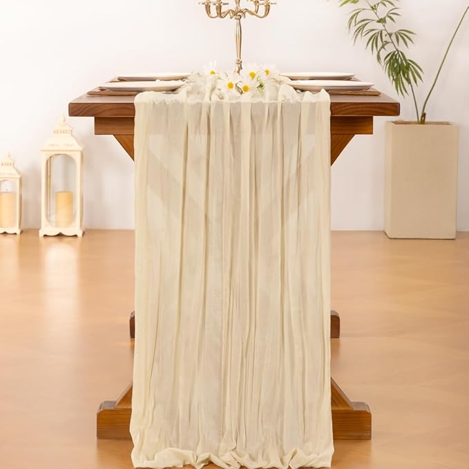 Socomi 3pcs Beige Summer Cheesecloth Table Runner Boho Rustic Gauze 120 inch 10FT Cheese Cloth Sheer Runner for Wedding Party Baby Shower Birthday Home Decor Holiday Decorations