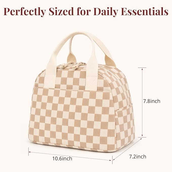 LOVELYWIND Insulated Brown checkered Lunch Bag for Women, Corduroy Tote with Aluminum Lining, Large Capacity Reusable Cooler for Work, Travel, Beach or Picnic, Checkered Water-Resistant Lunch Box