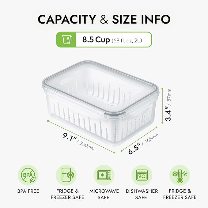 carrotez 8.5 Cup Produce Saver Container for Fridge with White Colander, Airtight Fruit & Vegetable Storage Bin, Removable Strainer Basket, BPA-Free, Stackable, 2.0L