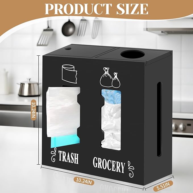 2 in 1 Trash Bag Dispenser and Grocery Bag Holder, Large Wooden Trash Bag Holder,Trash Bag Dispenser for Grocery Bags and Plastic Bags,Kitchen Cabinet Under Sink Organizers and Storage