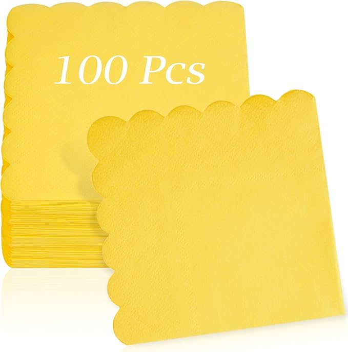 100 Pcs Cocktail Napkins, 2-Ply 5 x 5 Inches Disposable Scalloped Napkins, Thick Premium Dessert Napkins for Party, Wedding, Dinner, Birthday, Anniversary, Festival (Yellow)