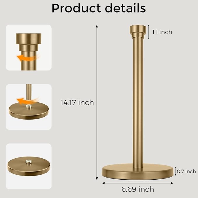 Warm Gold Paper Towel Holder Countertop, Freestanding Paper Towel Stand with Weighted Non-Slip Base, Easy Assembly, Unique Decorative End Cap for Kitchen and Bathroom