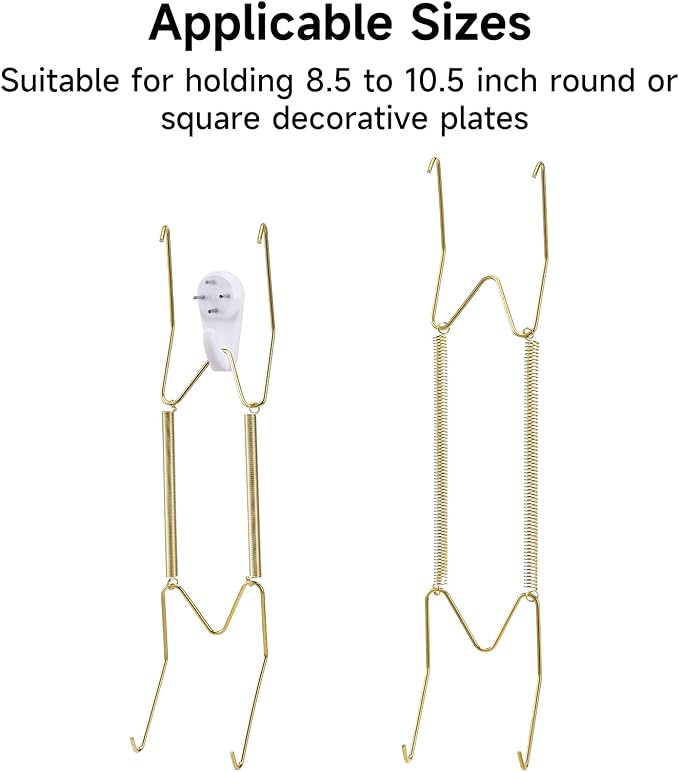 10 Piece Plate Hangers, 10 Inch Invisible Brass Wall Plate Hangers, Comes with 12 Piece Wall Hooks for Decorative Plates