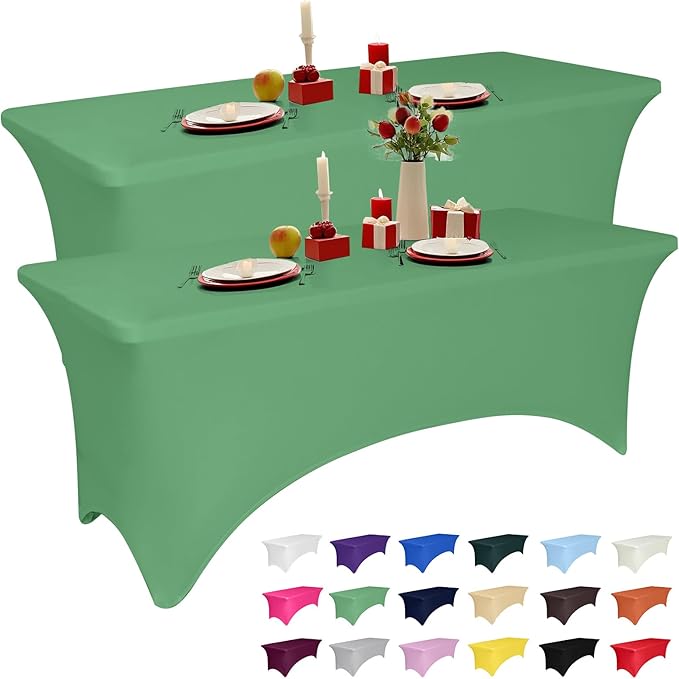 2 Pack 6 Feet Emerald Green Spandex Tablecloth for Tables, Fitted & Stretch, Washable, Wrinkle Resistant, Perfect for Event, Wedding, Party, Banquet, Cocktail, Festival, and Table Protector