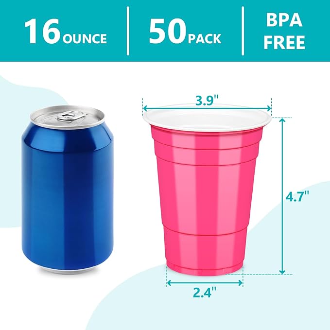 LANLISA 50 Hot Pink Plastic Cups, 16 oz Disposable Cups, Drinking Cups For Birthday Party, Valentines, Mothers Day