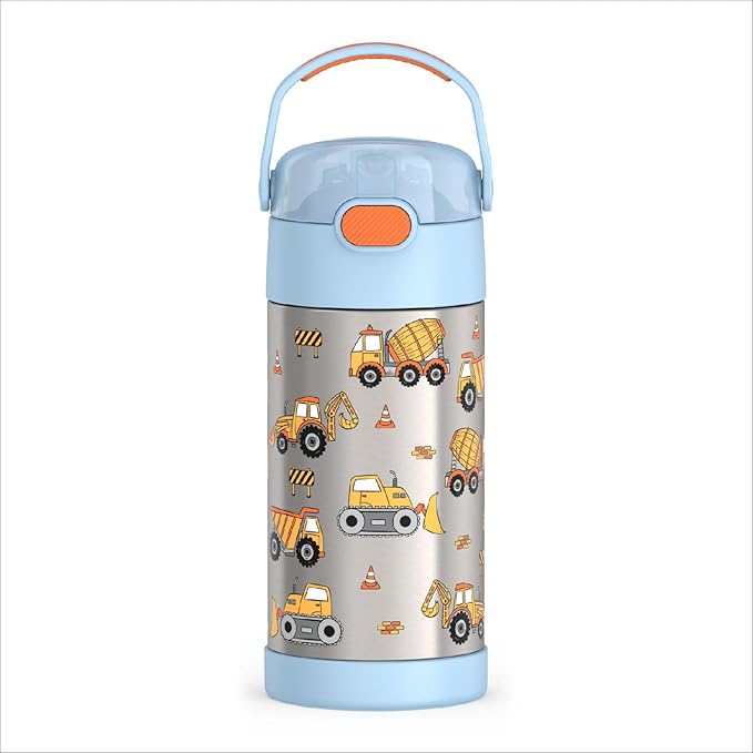 THERMOS FUNTAINER Water Bottle with Straw - 12 Ounce - Kids Stainless Steel Vacuum Insulated Water Bottle with Lid, Construction