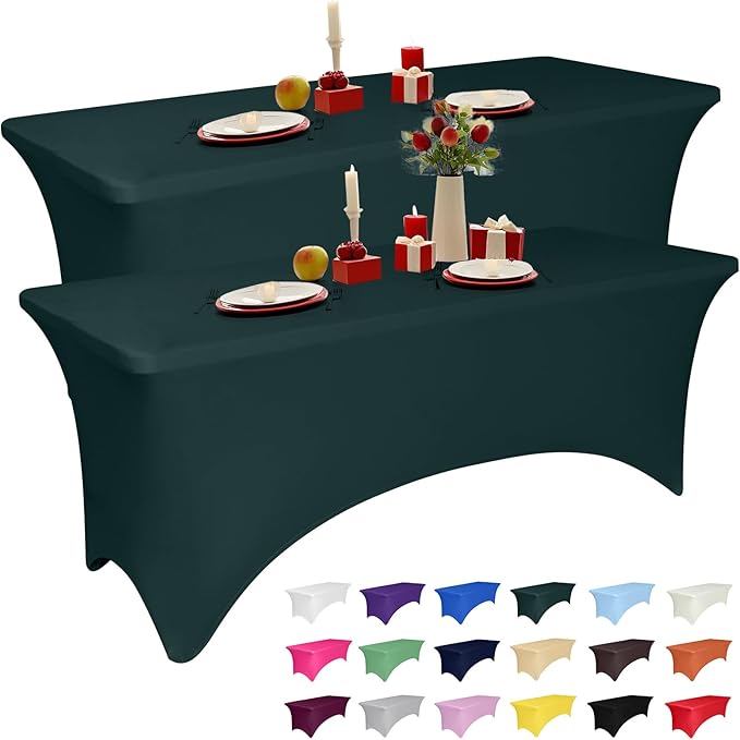 2 Pack 6 Feet Hunter Green Spandex Tablecloth for Tables, Fitted & Stretch, Washable, Wrinkle Resistant, Perfect for Event, Wedding, Party, Banquet, Cocktail, Festival, and Table Protector