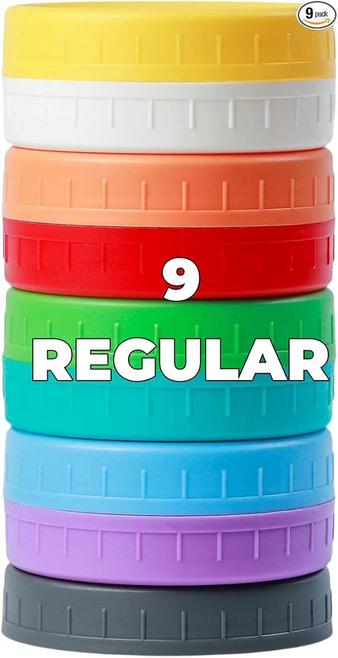 Bedgeta 9Pcs Mason Jar Lids, Regular Mouth Plastic Mason Lids, Leak Proof Canning Lid with Silicone Ring for Ball, Kerr and More, Reusable Can Tops, Colored Caps Covers for Jars