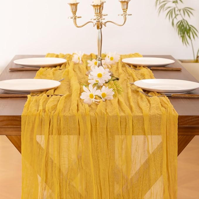 Socomi 6pcs Gold Yellow Summer Cheesecloth Table Runner Boho Rustic Gauze 120 inch 10FT Cheese Cloth Sheer Runner for Wedding Party Baby Shower Birthday Home Decor Holiday Decorations
