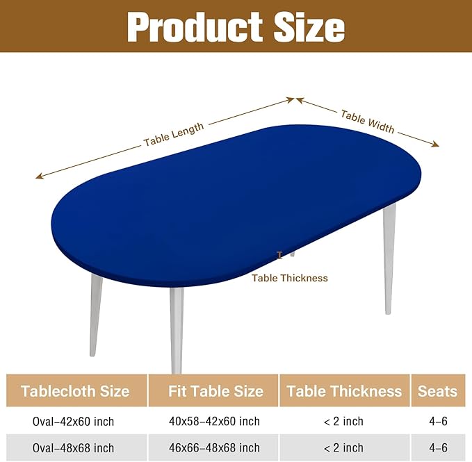 Fitted Oval Tablecloth 48 x 68 Inch Elastic Table Cloth, Stretch Spandex Table Cover Royal Blue Washable Polyester Top Cap Cover for Dining Picnic Camping Indoor and Outdoor