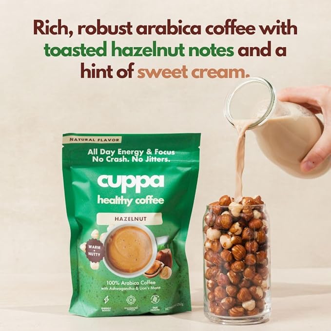 Cuppa Hazelnut Mushroom Coffee with Adaptogens & Superfoods - Lion’s Mane, Ashwagandha & Cordyceps. Adaptogens + MCT to support natural energy, mental focus & gut health (30 Servings)