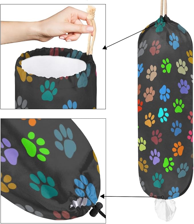 Pardick Plastic Bag Holder, Colorful Dog Cat Paw Print Grocery Bag Holder for Shopping Bags, Wall Mount Plastic Bag Storage Organizer Dispenser, Storage Holder for Home Kitchen Camper,A-9