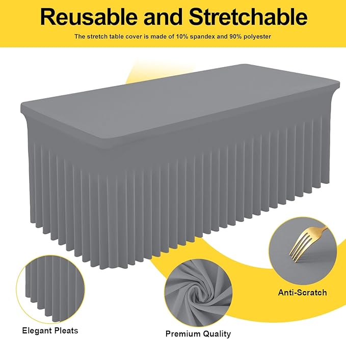 Smiry Spandex Tablecloth 2 Pack, Elastic Fitted Stretch Tablecloth for 8FT Rectangle Tables, Waterproof Washable Table Cover Skirt for Outdoor, Wedding, Banquet & Parties (Grey, 96Lx30Wx30H Inch)
