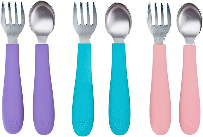 WeeSprout Toddler Utensils, 3 Forks & 3 Spoons, 18/8 Stainless Steel & Food Grade Silicone, Thick Easy-Grip Handles, Perfect Length For New Self Feeders, Gentle On Gums & Teeth, Dishwasher Safe
