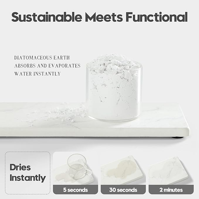 2PCS Water Absorbing Stone Drying Tray for Kitchen Counter, Diatomite Mat Vanity Caddy for Bathroom Sink, Faucet Splash Guard,Soap Dispenser Rack Sponge Holder Organizer, Marble White, 9"x3.5"