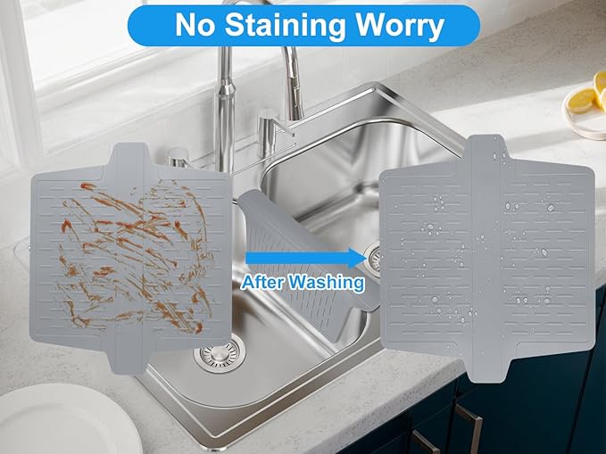 Sink Saddle, Divider Mat, Kitchen Sink Mat, Silicone Protector, No Smell, Never Stain, Ultra Soft, 12.83'' x 11.1''