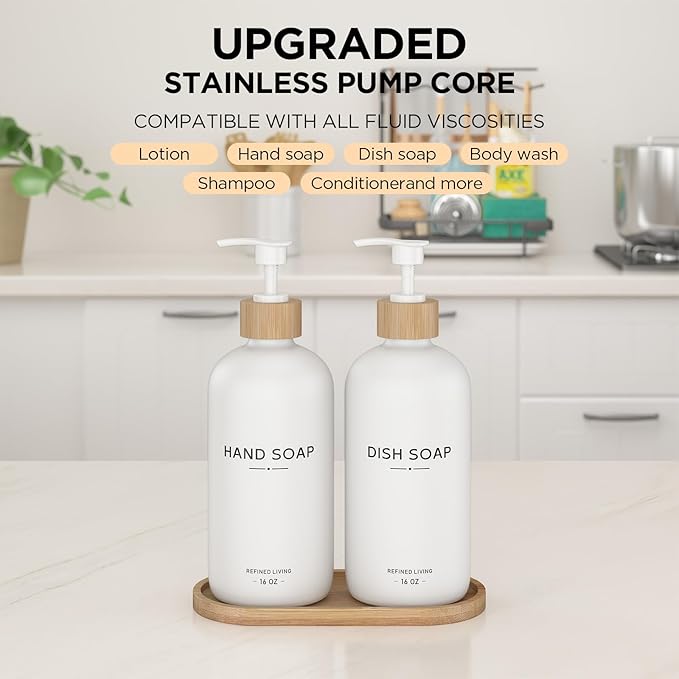 Hand and Dish Soap Dispenser Set,16oz Glass Bottles with Bamboo Pumps & Tray,Countertop Soap Dispensers for Kitchen,Luxury, Minimalist & Farmhouse Decor